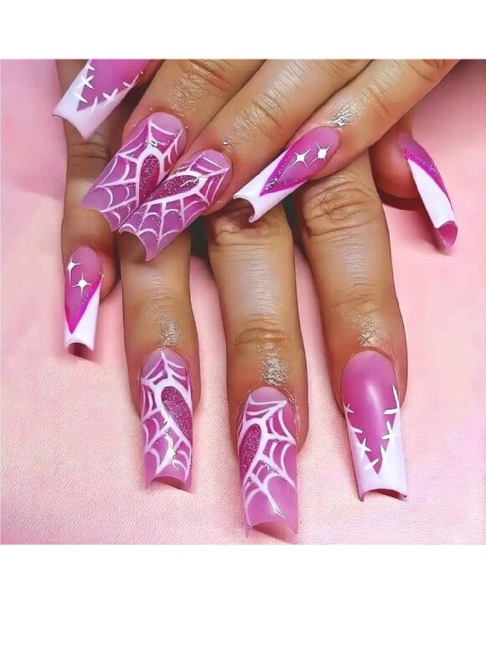 24 Pink Web Stars Glitter Nails Press On Style Kit Fake Glam Vacation Sexy